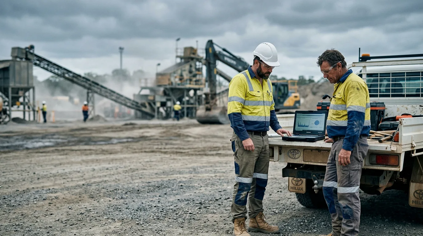 An adviser and a site operator reviewing data on a laptop at a working site