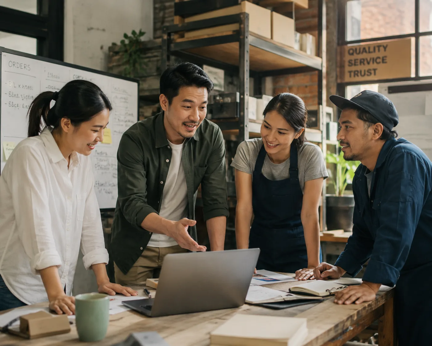 A small-business owner and their team reviewing work together